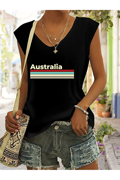 mercoledi Women's Australia Printed V-Neck Sleeveless Regular Fit Casual T-Shirt
