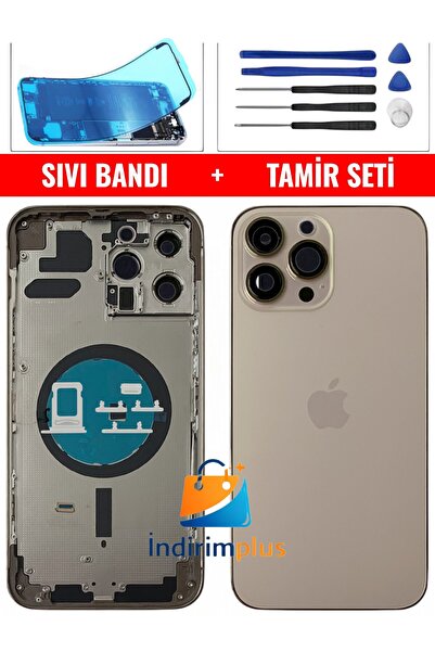 indirimplus iPhone 13 Pro max Kasa Boş Kasa Arka Kapak + Gold +Tamir Seti Sıv...