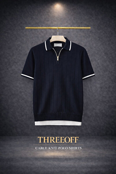 threeoff Men's Knitwear Polo Shirt Half Zip Detail Short Sleeve Summer T-Shirt