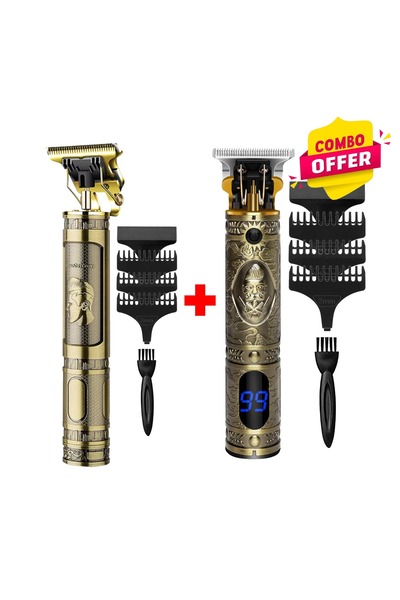Zen Store قطعتان - ماكينة حلاقة شعر قابلة لإعادة الشحن بشاشة LCD ذهبية عتيقة