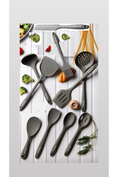 NEOFLAM Silikon Gri 10 Parça Kepçe Kevgir Sıyırma Spatula Servis Seti