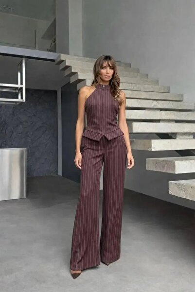 Cool & Sexy Zipper Detail Striped Set Brown