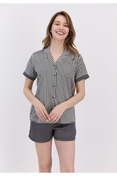 Arnetta Pijama damă viscoză alb-negru cu dungi și stelute