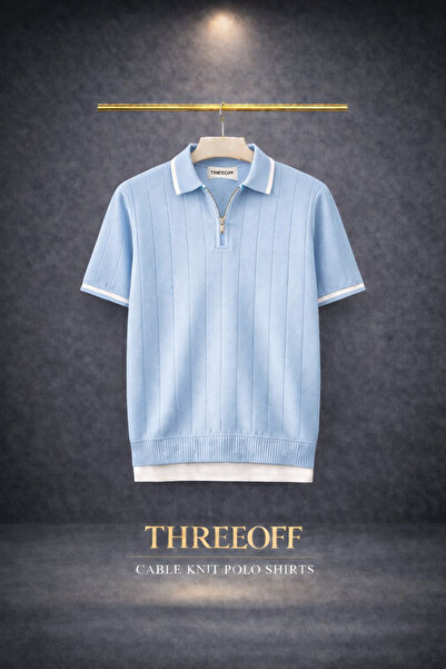 threeoff Men's Knitwear Polo Shirt Half Zip Detail Short Sleeve Summer T-Shirt