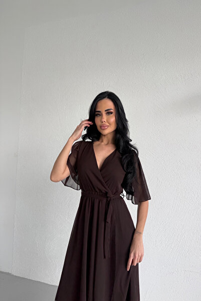 LİLA İSTANBUL Double-Breasted Collar Belted Volaned Chiffon Dress