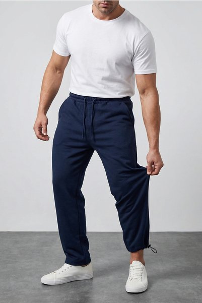 goreels Men's Navy Blue Cotton Baggy Fit Comfortable Cut Oversize Waist Tied Double Sweatpants with Side Pockets