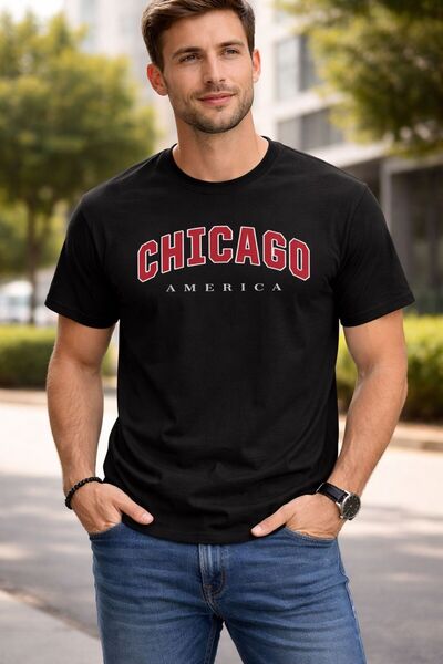 LELVANİ تيشيرت رجالي باللون الأحمر مكتوب عليه شيكاغو