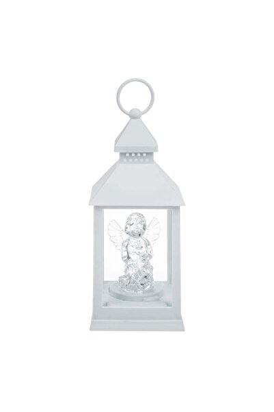 AVA White Lantern with Angel and LED for Cemetery, 10x10x24cm, Glass and Plas...