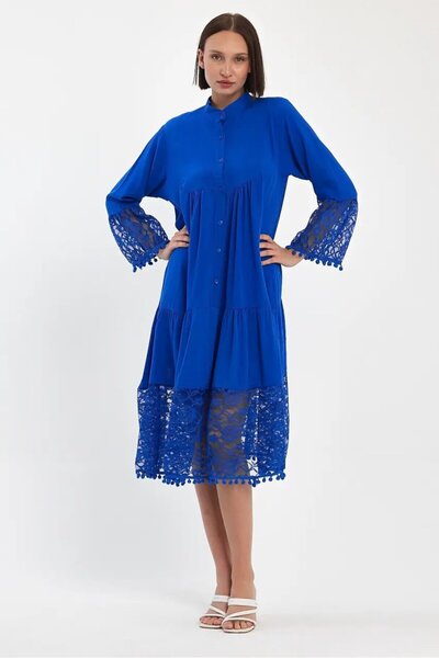 Cool & Sexy Cobalt Hakim Collar Buttoned Tulle Detail Viscose Dress