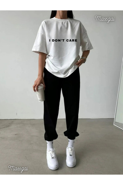 Massgai Unisex I Dont Care Printed Oversized %100 Cotton Top and Bottom Set 2...