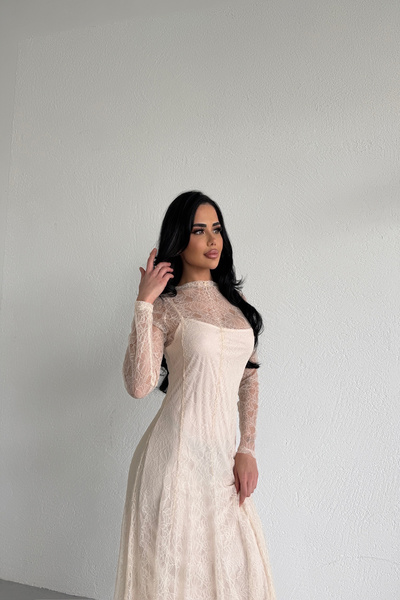 KAMACI BUTİK فستان بياقة دائرية DA دانتيل ETAYLI