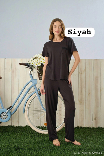 Pijamoni Women's Dublin Fabric Crew Neck Short Sleeve Black Pajama Set