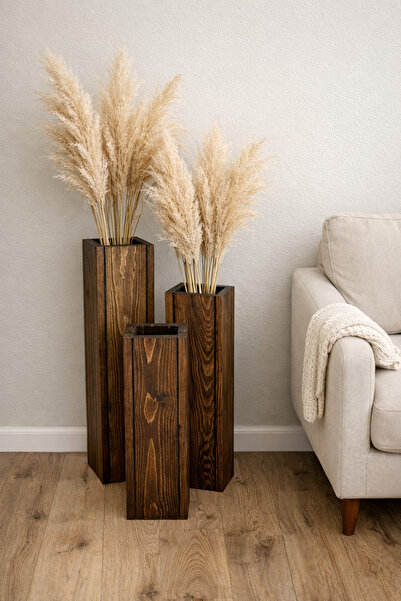 AHŞAP ÖTESİ 3’lü Doğal Ahşap Yer Vazosu Seti 70-60-50 cm | Salon Köşe Dekoru ...