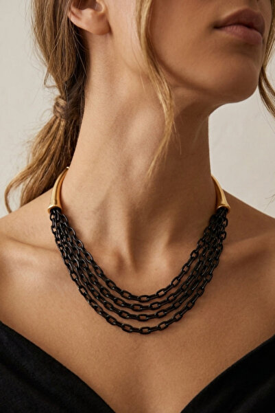 shop Gold Yellow and Black Multiple Chain Detail Statement Necklaces - Modern...
