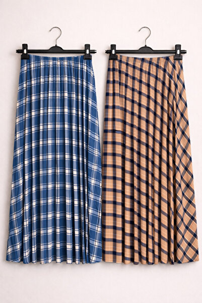 VELORA İkili Uzun Pileli Etek – 94 cm Beli Lastikli Şık Desenli Kadın Etek