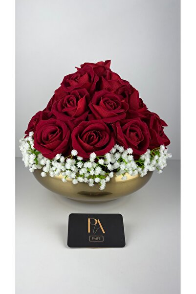 Palpe Vază aurie de 30 cm, trandafir roșu, flori artificiale pentru logodnă, ...