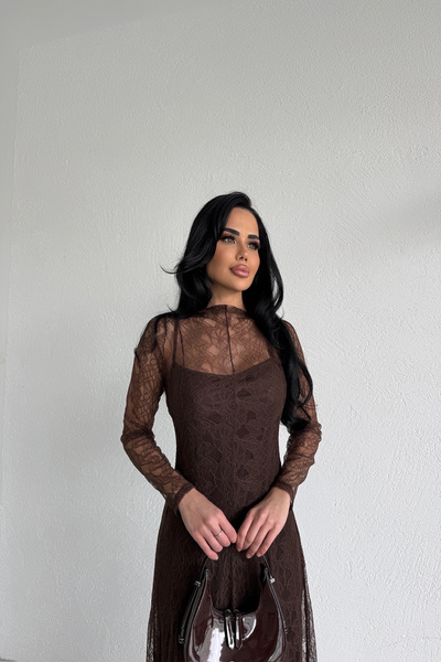 KAMACI BUTİK فستان بياقة دائرية DA دانتيل ETAYLI