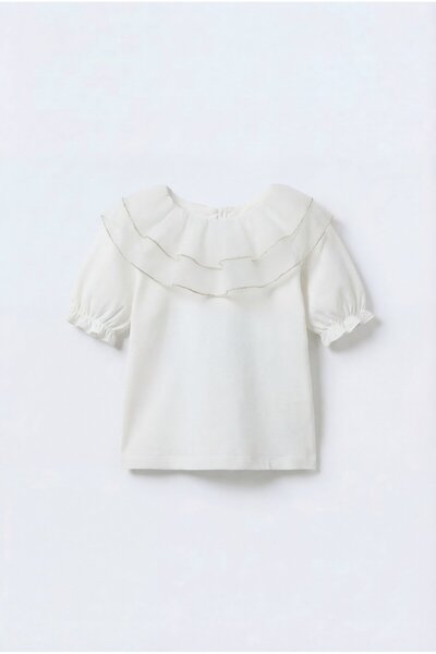 Magu Girl's Cotton Pack White Flounce Collar Blouse - Gold Striped Detail