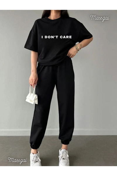 Massgai Unisex I Dont Care Printed Oversized %100 Cotton Top and Bottom Set 2...