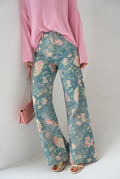 BLACKPERA İthal Etnik Desenli Yüksel Bel Wide Leg Jean Kot Pantolon