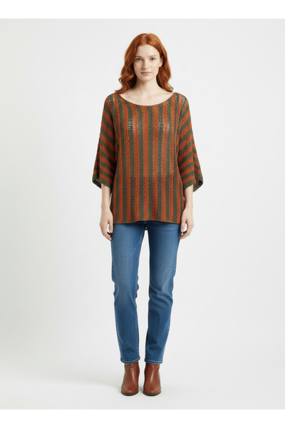 Neden Tekstil Women's Boat Neck Balloon Sleeve Striped Casual Knitwear Sweater