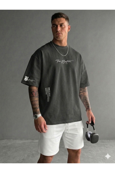 ALİ.COM تي شيرت The Boston مطبوع Crew Neck قطن llu كبير الحجم للجنسين