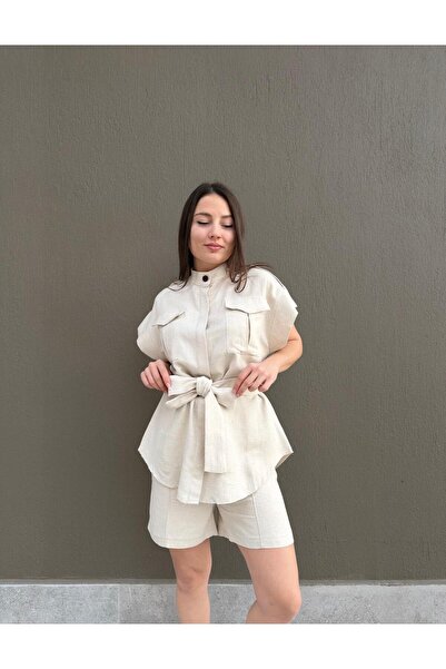 Lefon Kadın Şort Takım Yazlık Gömlekli Şık Kadın İkili Takım