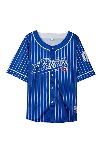 AVENGERS Captain America S INTL Blue Baseball Stripe Oversized Short Sleeve B...