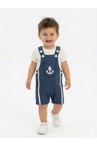Kids Kingdom Cotton Piece Sailor Detailed Salopet Overalls Baby Boy 2-Piece Set