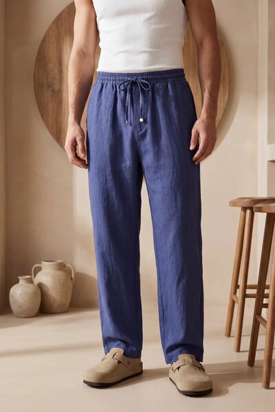 MADZEYMODA Men's Indigo K Linen Pants Elastic Lace-Up Baggy Fit Comfortable S...