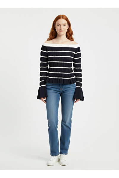 Neden Tekstil Women's Boat Neck Striped Flounce Sleeve Fit Knitwear Blouse