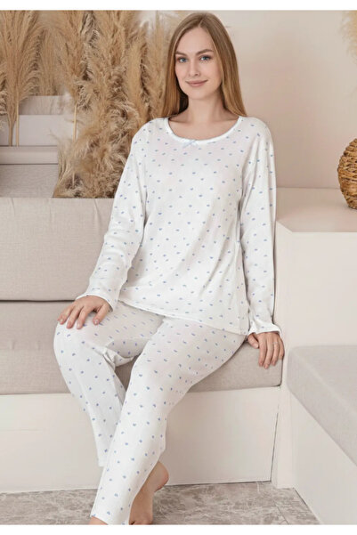 Sude Pijamale damă albe cu inimioare albastre și fundiță la decolteu