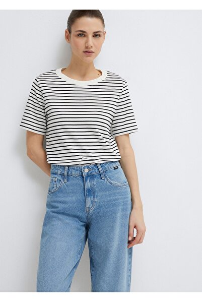 Mavi negru cu dungi croială normală bumbac 100% femei tricou