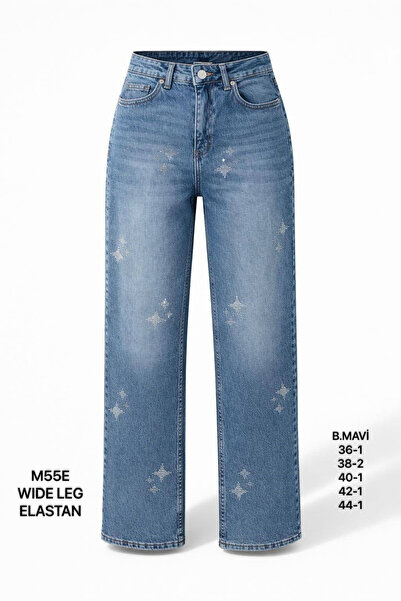 Miss Poem Women's Ice Blue Stone Detailed High Waist Wide Leg Jean Trousers