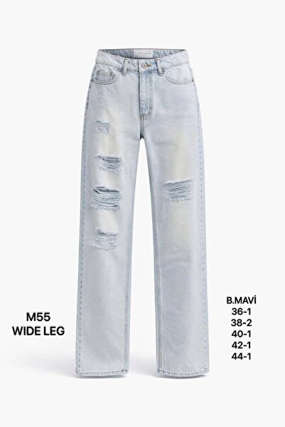 Miss Poem Women's Ice Blue Ripped Detailed Wide Leg Jean Pants