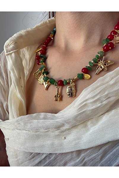 MyVelora Doğal Taşlı Üzüm Bağı Temalı Charm Kolye ve Küpe Seti Gold Kaplama E...