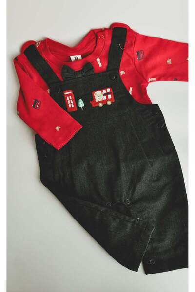 ToffyHouse Baby Boys Red Top & Black Dungaree Romper Set
