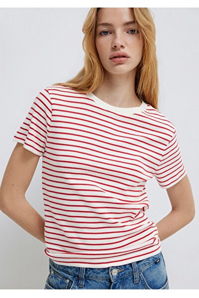 Mavi guler rotund cu dungi slim fit bumbac 100% femei tricou .