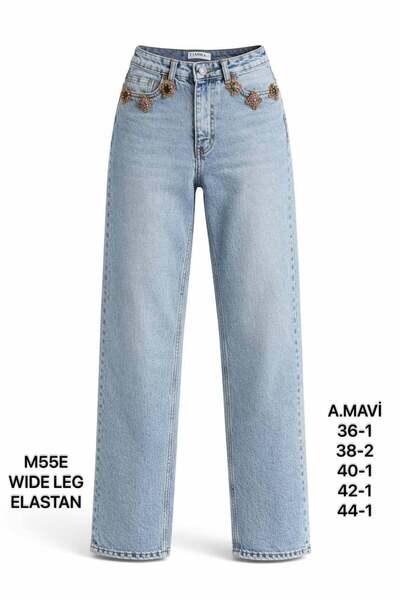 Miss Poem Women's Light Blue Stone Accessory Detail Wide Leg Jean Trousers