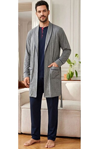 Espuar Men's Cotton Robe Long Sleeve 3-Piece Pajama Set