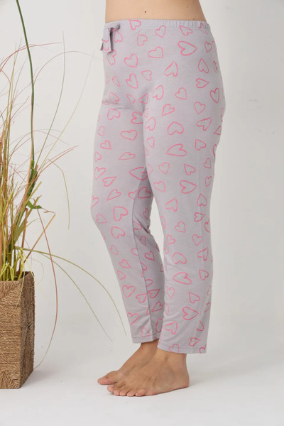 Serena Women's Big Size Pajama Pants, Gray with Pink Hearts