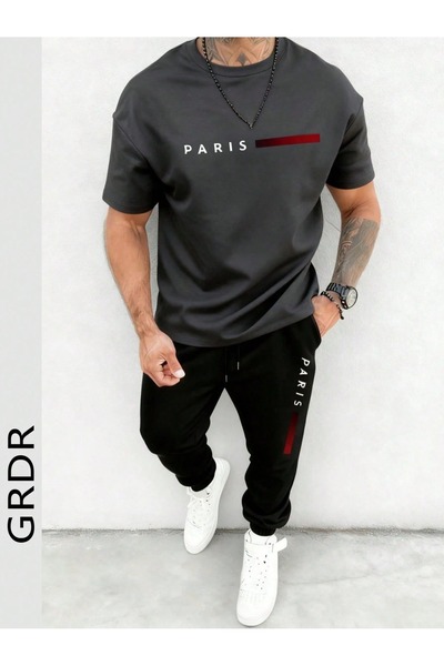 puolikuu Men's Oversized Tracksuit Set - Parisbmba Printed Tshi̇rt - Eşortman