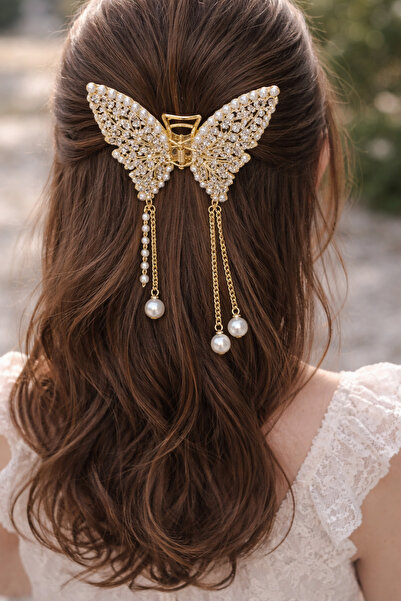 MakeWell Stone-Embellished Butterfly Hair Clip – Gold and Silver Color Women'...