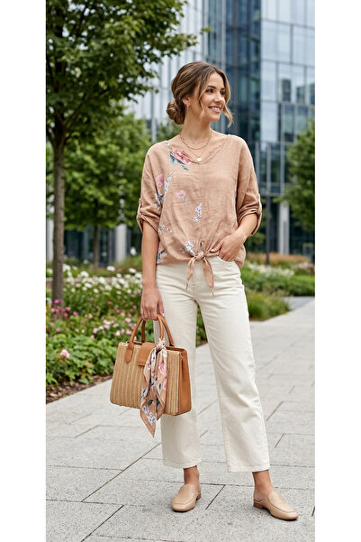 Berceste Butik Kadın Somon Çicek Desen Keten Bluz