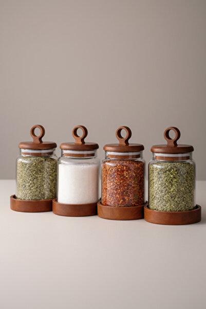 Paşabahçe 4'lü Akasya Standlı Kulplu Kapaklı Borasilikat Kavanoz Baharatlık S...