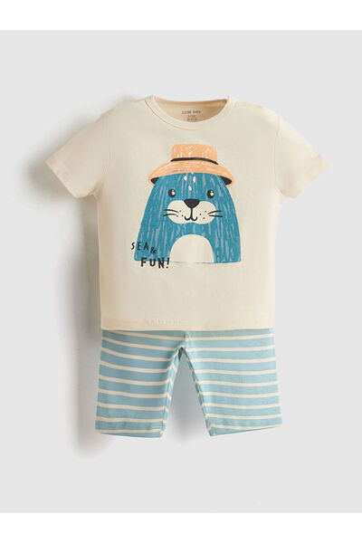 LC Waikiki Ecru cute Printed baby boy t-shirt and short leggings 2-piece set