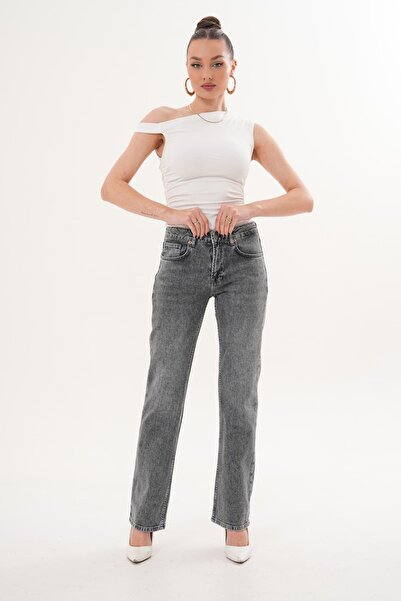 6030 - Kadın Orta Bel Straight Fit Boru Paça Jean Pantolon