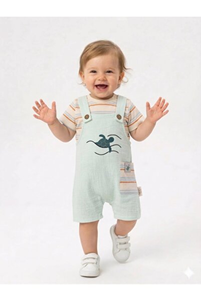 Kids Kingdom Cotton Pcs Turtle Patterned Muslin 2-Pack Baby Boy Jumpsuit Salopet