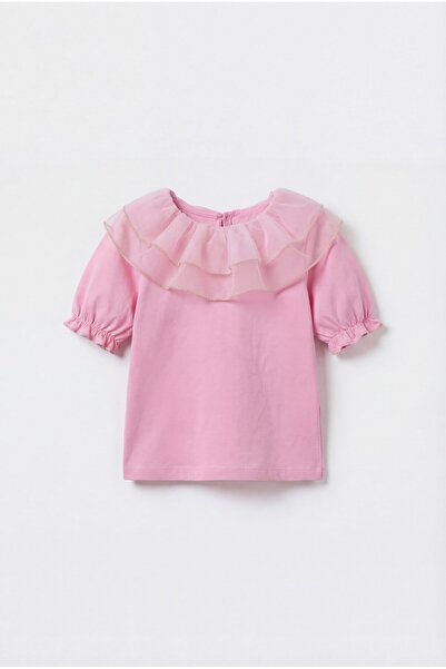 Magu Girl's Cotton Pack Pink Flywheel Collar Blouse - Gold Striped Detail