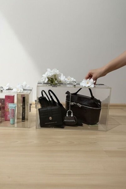 Pingolo Büyük Boy Şeffaf Akrilik Pleksi Hediye Bohça Sandığı-Gold